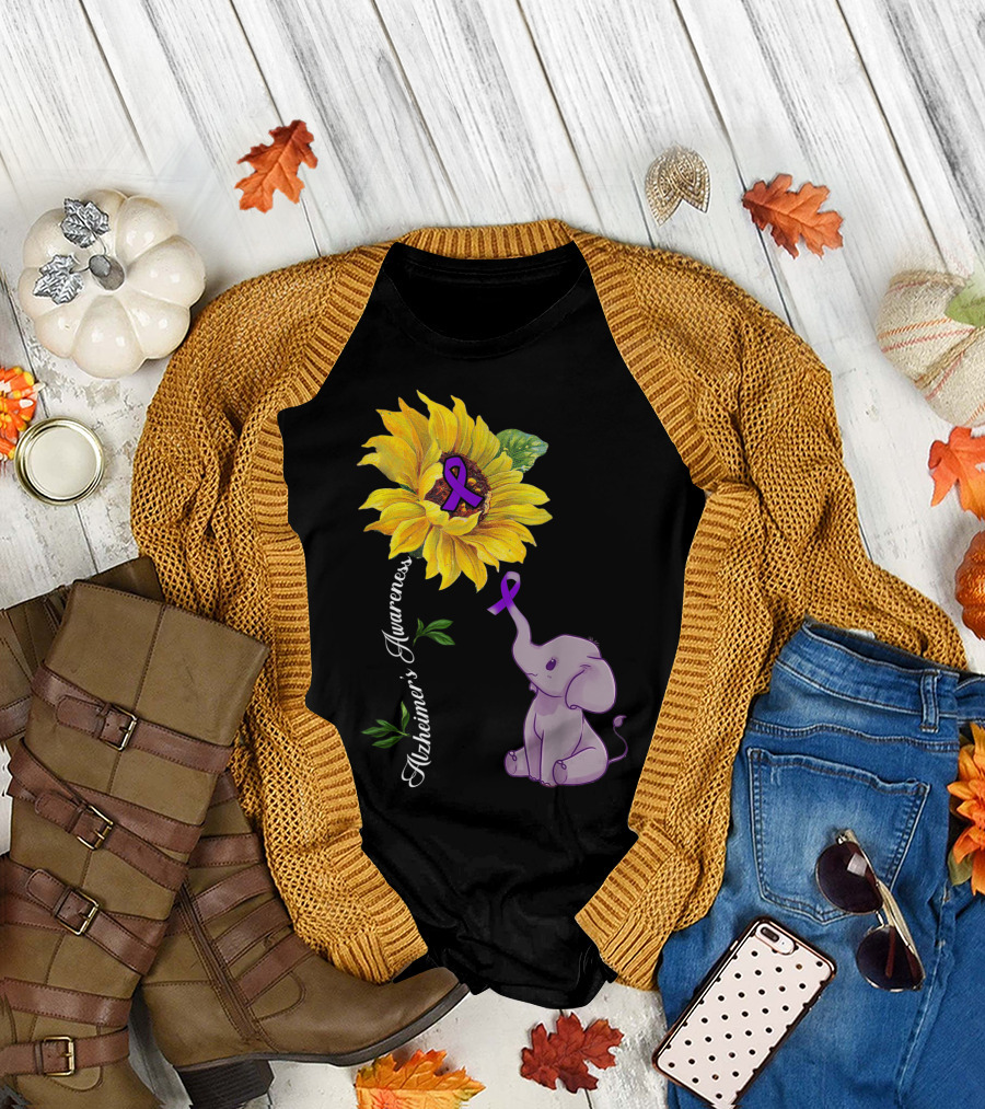Alzheimer's Awareness Purple Ribbon Sunflower and Elephant T-Shirt