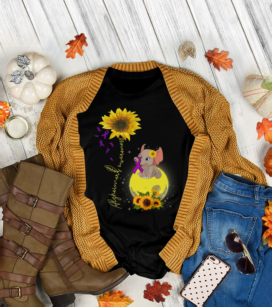 Alzheimers Awareness Elephant and Sunflowers with Purple Ribbon and Sunflower Moon T-Shirt