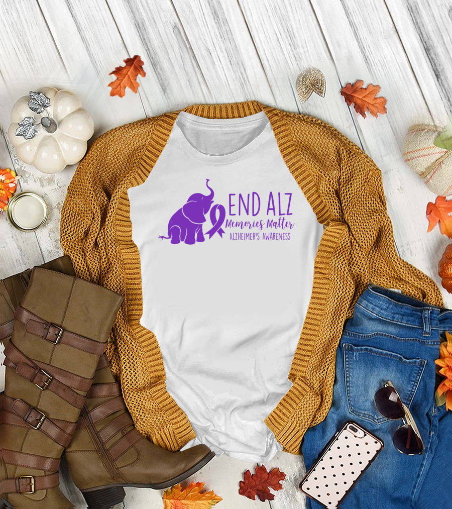 End Alz Memories Matter Alzheimer's Awareness Purple Elephant T-Shirt