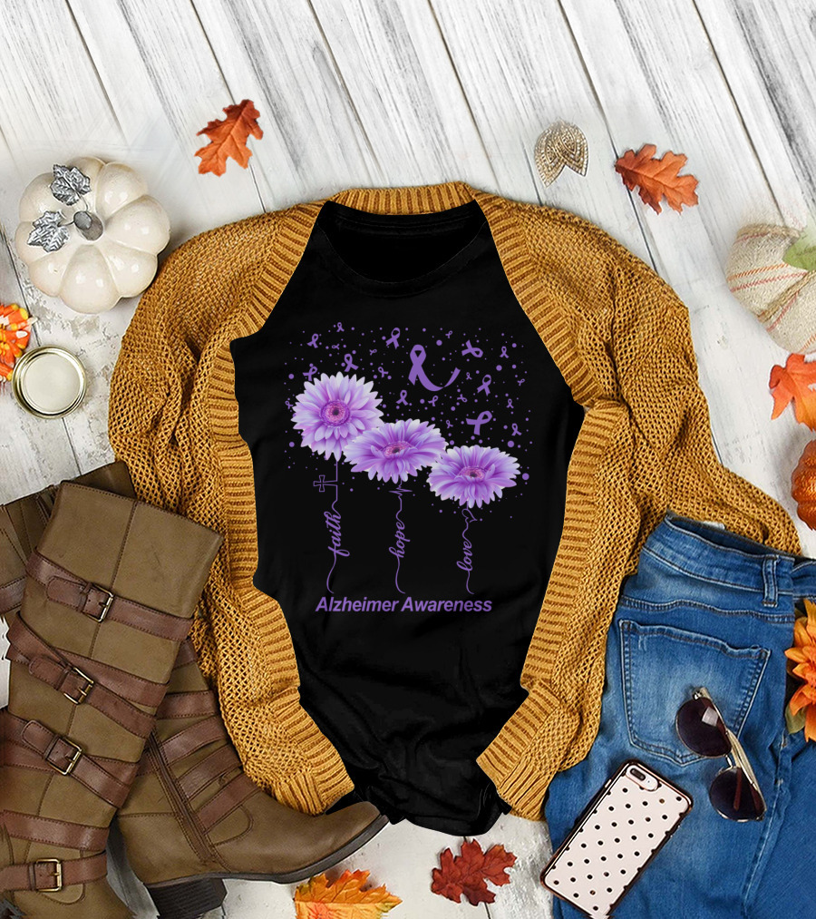 Faith Hope Love Purple Flowers Alzheimer Awareness Ribbon T-Shirt