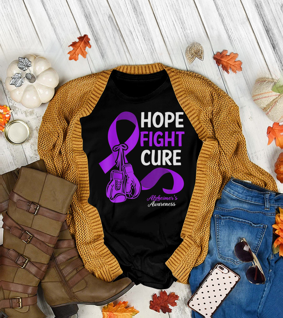 HOPE FIGHT CURE Purple Ribbon Alzheimer's Awareness T-Shirt