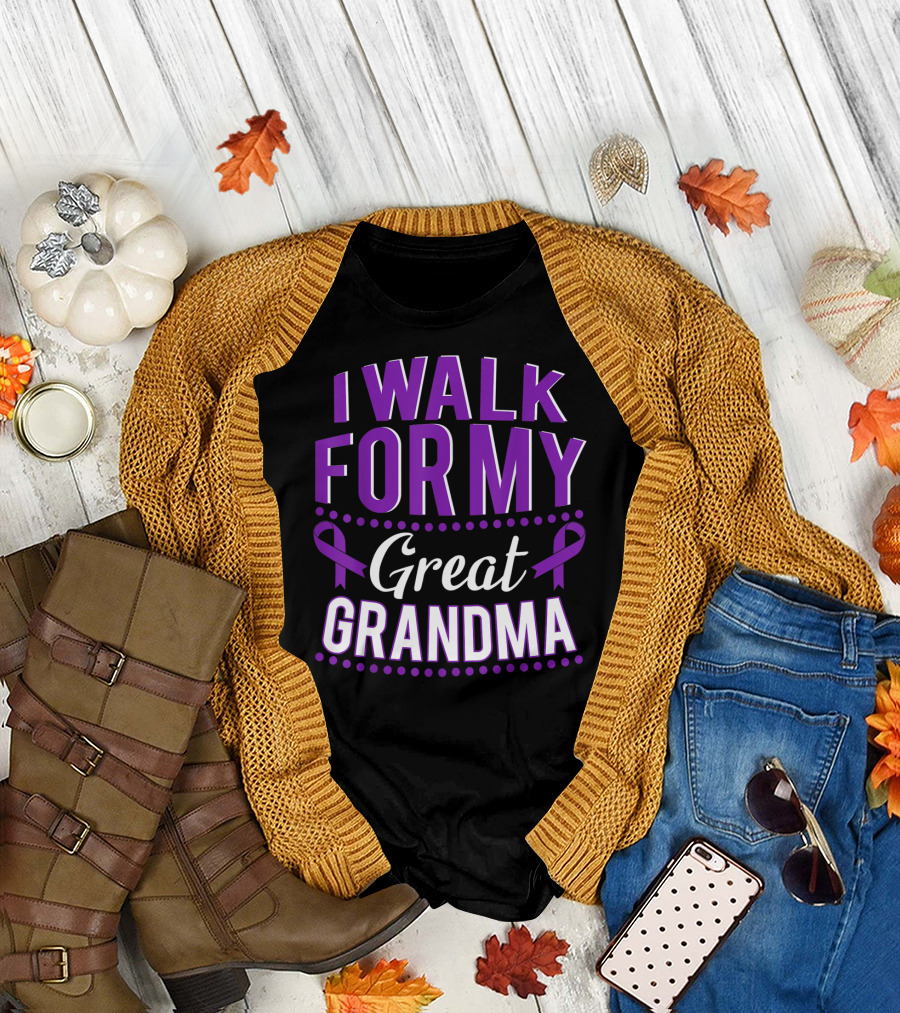 I Walk For My Great Grandma Alzheimer's Awareness Purple Ribbons T-Shirt