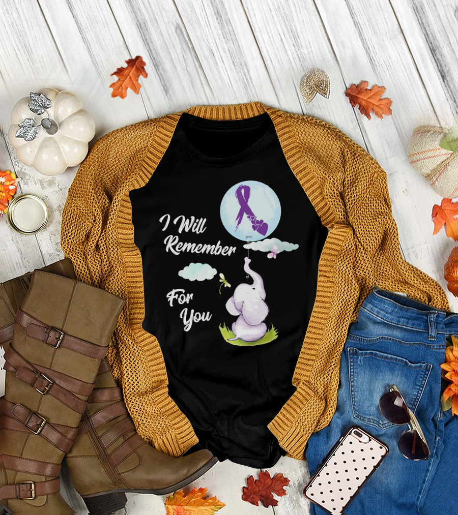 I Will Remember For You Alzheimer's Awareness Elephant Holding Balloon with Purple Ribbon and Hearts T-Shirt