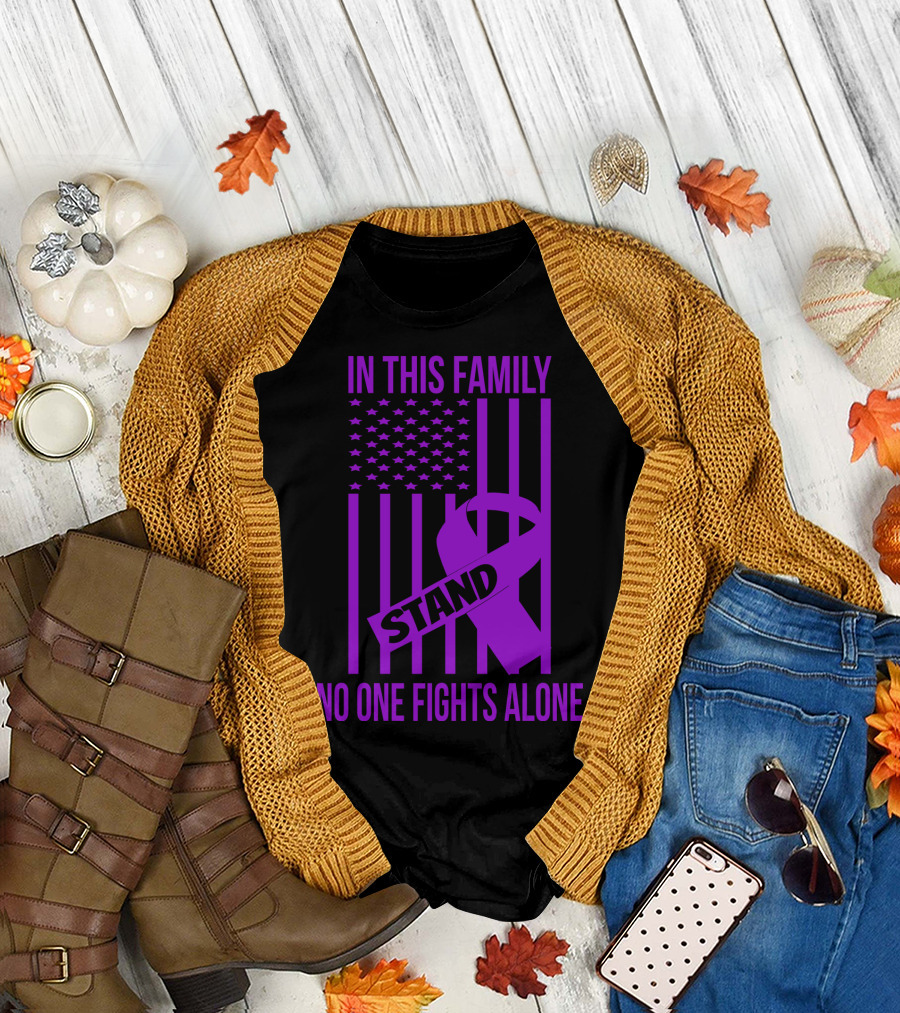 In This Family No One Fights Alone USA Flag Stand Purple Ribbon Alzheimer Awareness T-Shirt