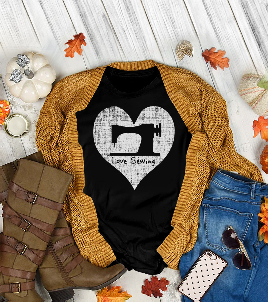 Love Sewing Heart with Vintage Sewing Machine Graphic for Quilting Enthusiasts T-Shirt