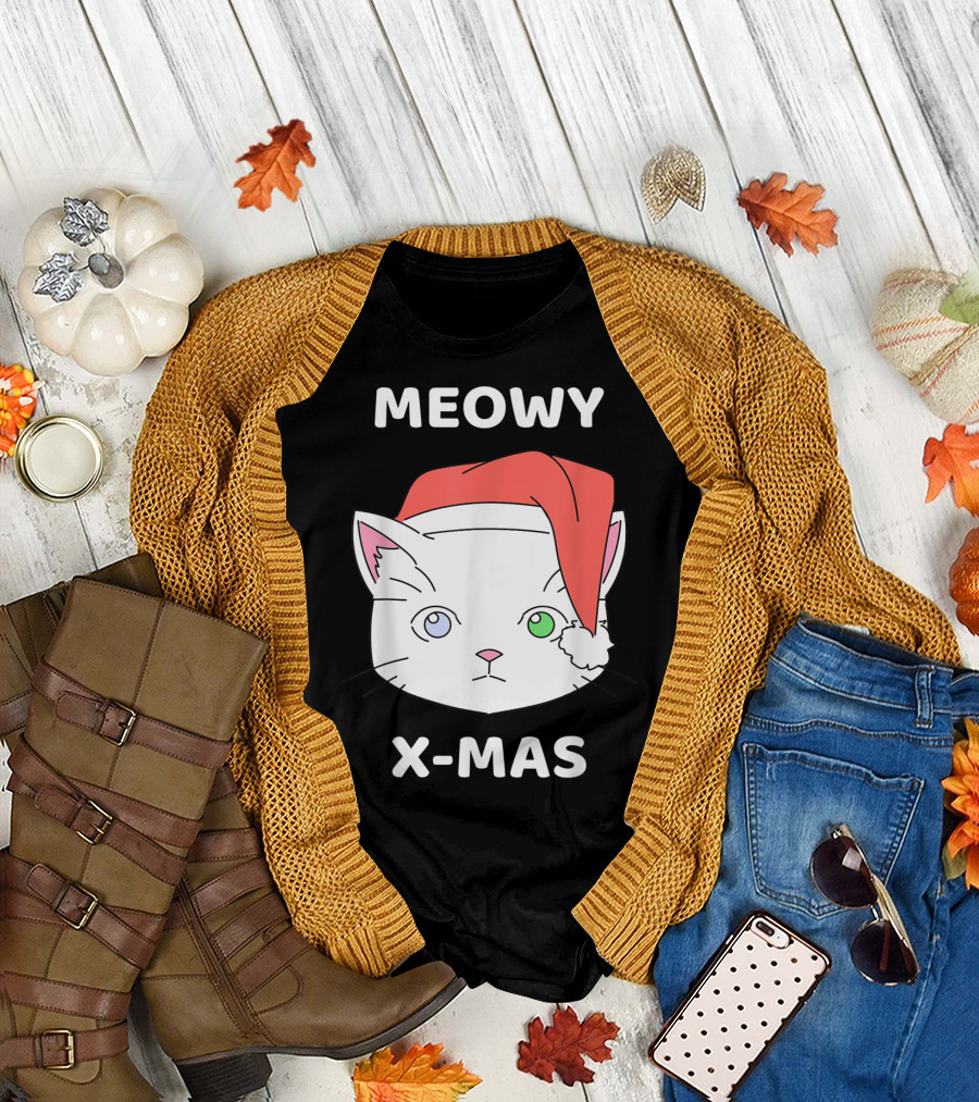 Meowy X-Mas Santa Hat Cute Cat Merry Christmas T-Shirt