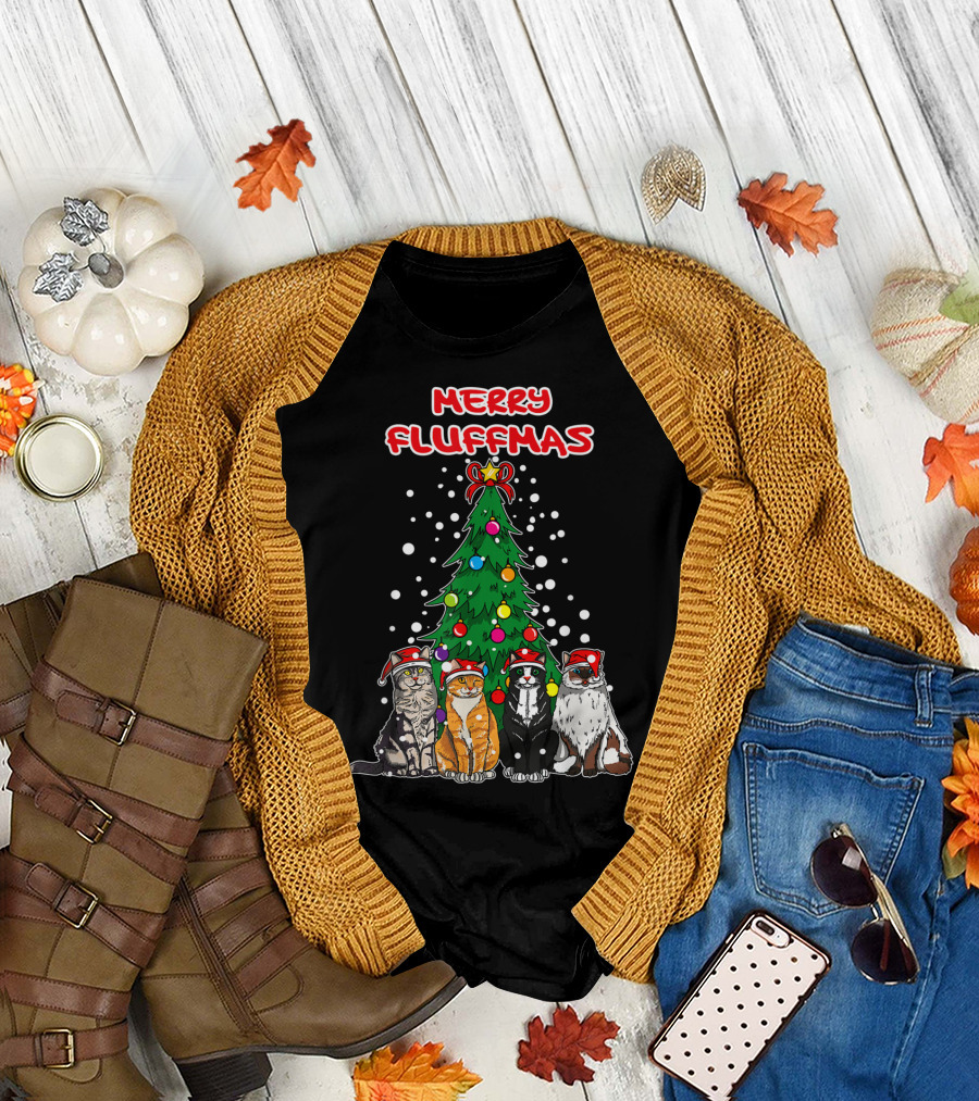 Merry Fluffmas Cats Christmas Tree With Santa Hats T-Shirt