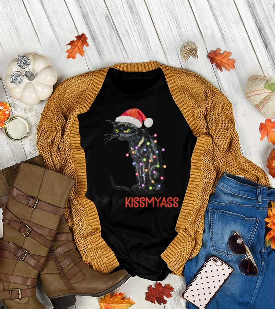 Merry Kissmyass Black Cat with Santa Hat and Christmas Lights T-Shirt