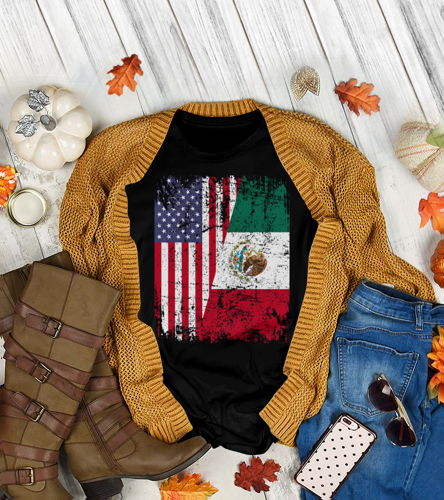 Mexican Roots American Flag Half Mexico Flag Heritage T-Shirt