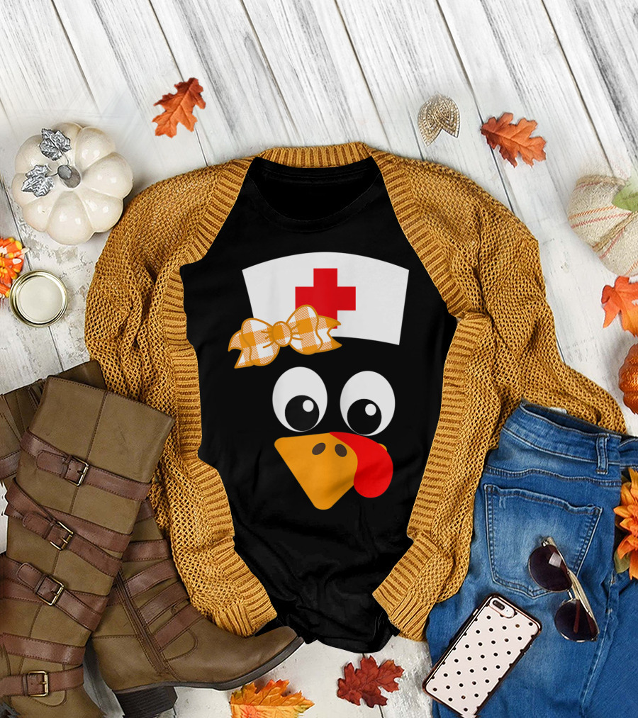 Nurse Turkey Thanksgiving Scrubs Tops with Nurse Hat and Orange Bow Tie T-Shirt