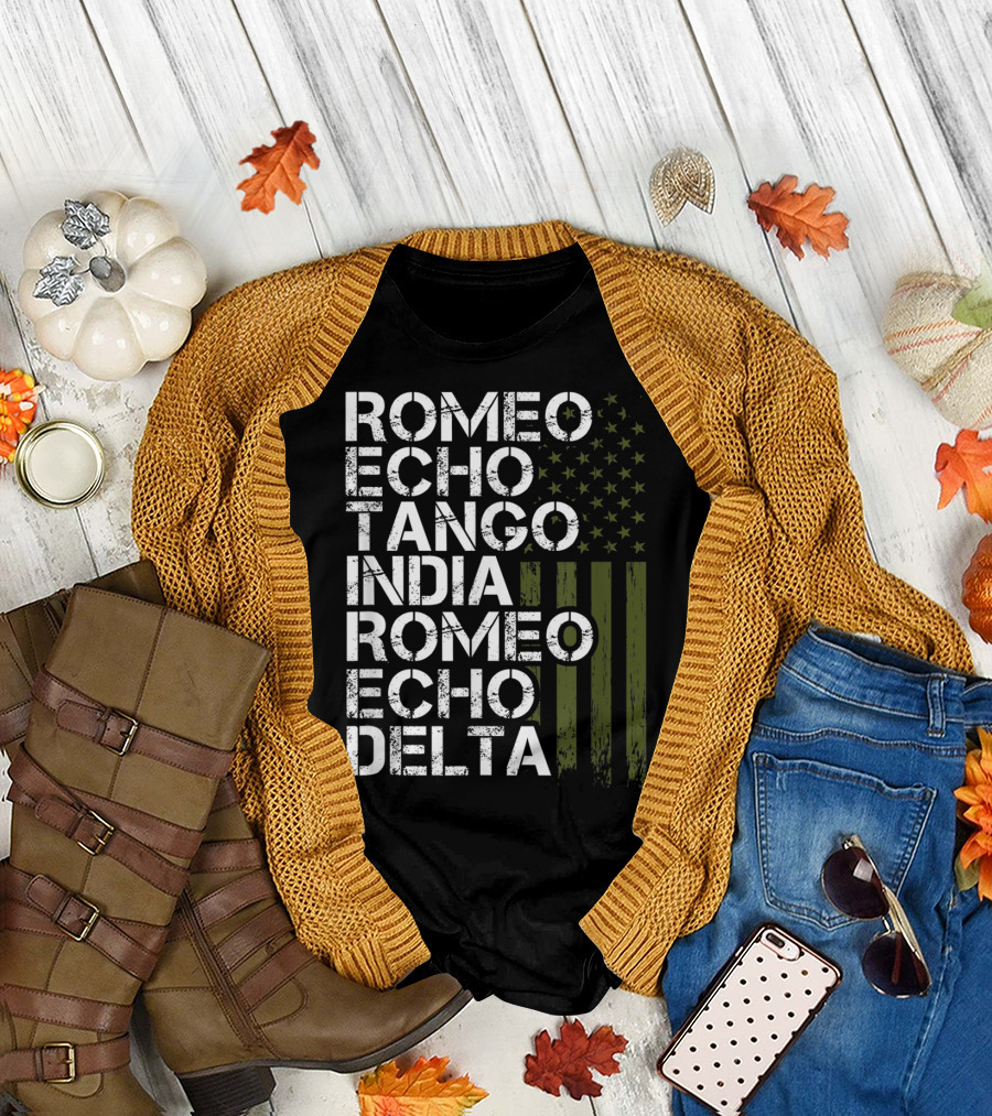 Romeo Echo Tango India Romeo Echo Delta Military Phonetic Alphabet With American Flag T-Shirt