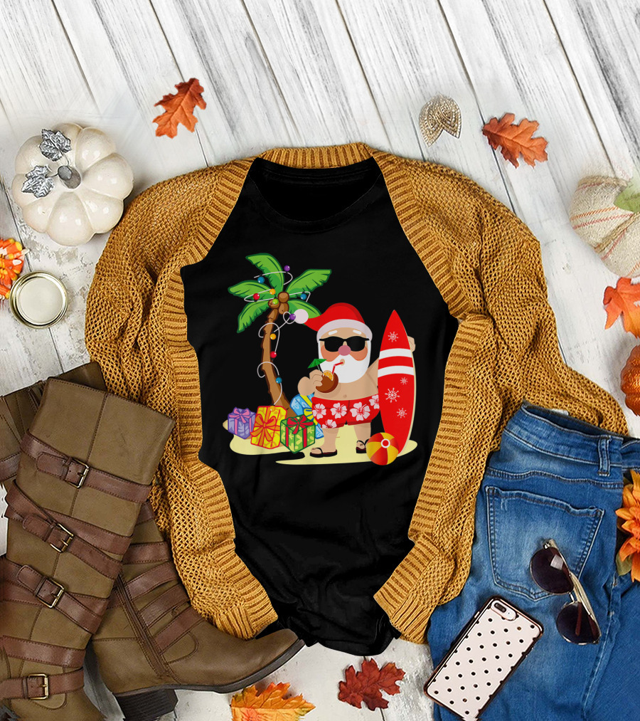 Funny Santa Claus Summer Surfing with Surfboard and Palm Tree T-Shirt
