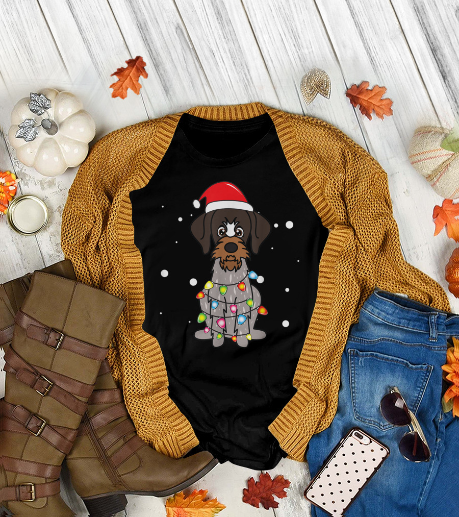 German Wirehaired Pointer Christmas Lights Festive Santa Hat T-Shirt