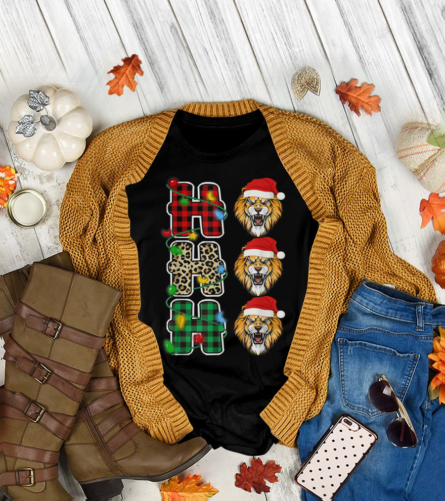 Hohoho Santa Hat Lion Leopard Plaid Christmas Lights T-Shirt