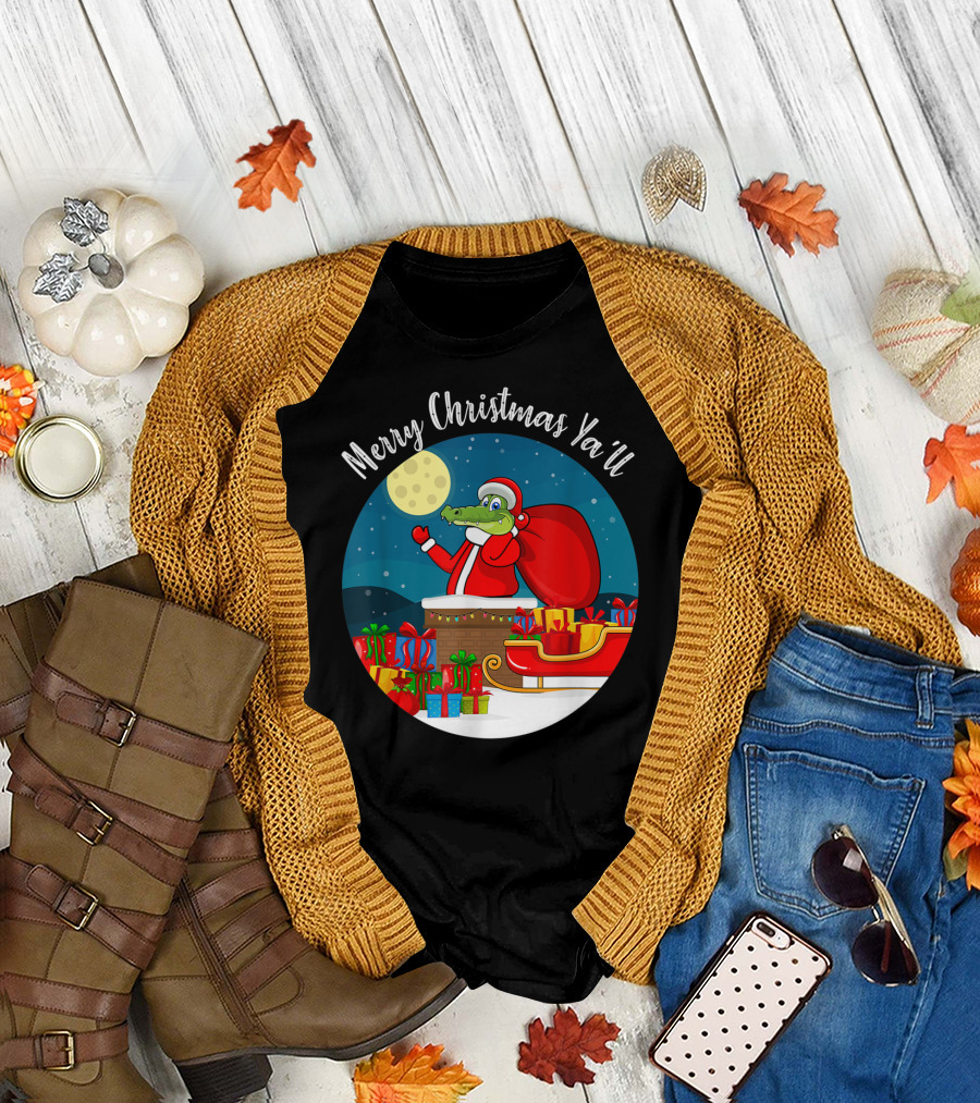Merry Christmas Ya'll Alligator Santa with Presents in Sleigh T-Shirt