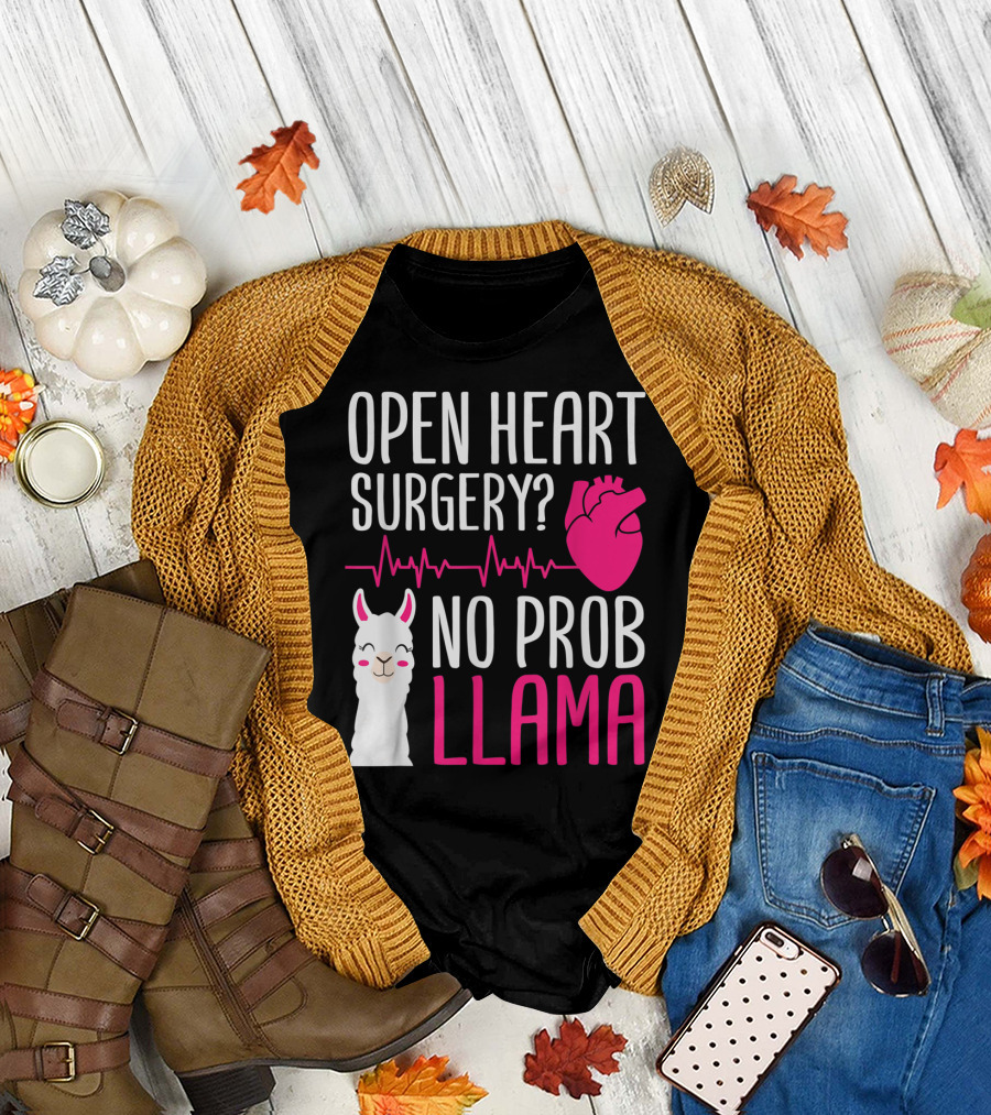 Open Heart Surgery No Prob Llama Illustrated Heartbeat Cartoon T-Shirt