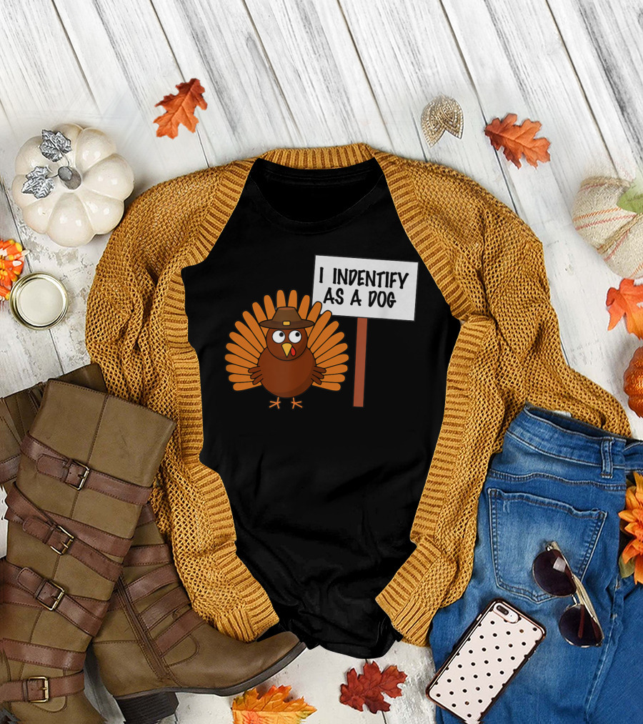 Turkey Cartoon Holding I Identify as a Dog Sign T-Shirt