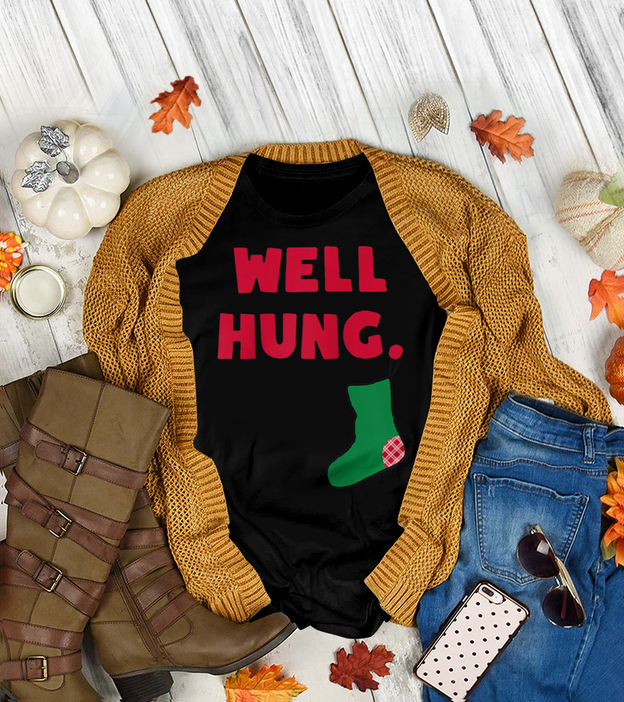 Well Hung Christmas Stocking Red and Green T-Shirt