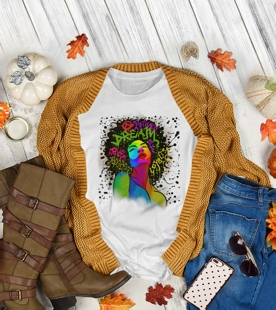 Dream Pink Blue Orange Classic Peace Afro Black Women Graffiti T-Shirt