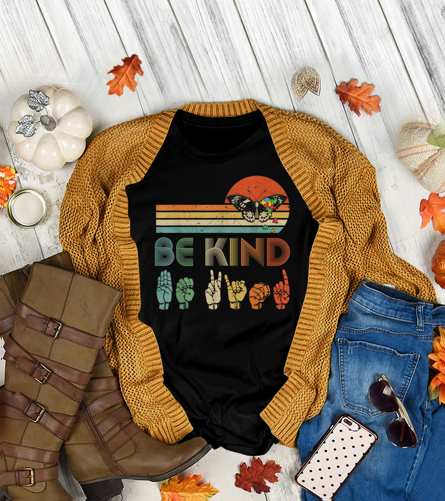 Be Kind Kindness Butterfly Puzzle Sign Language Retro Sunset T-Shirt
