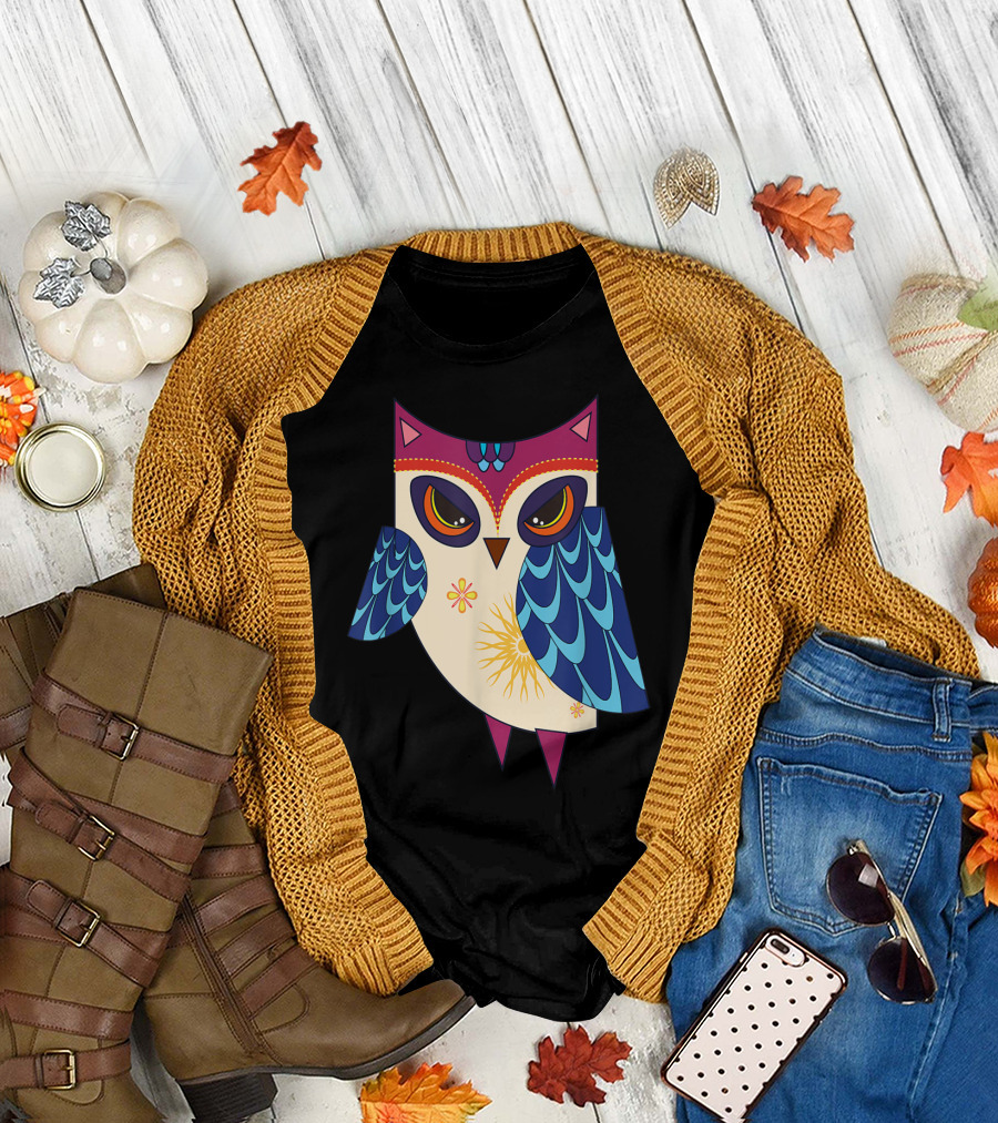 Colorful Geometric Owl Wise Angry Trendy Mood T-Shirt
