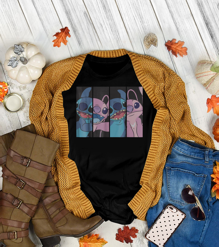 Lilo And Stitch Boxed Split Panels Faces Blue Pink Disney T-Shirt