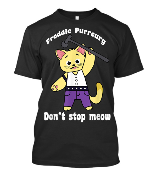 Freddie Purrcury Don't Stop Meow Funny Cat Holding Microphone In White Vest And Purple Pants T-Shirt