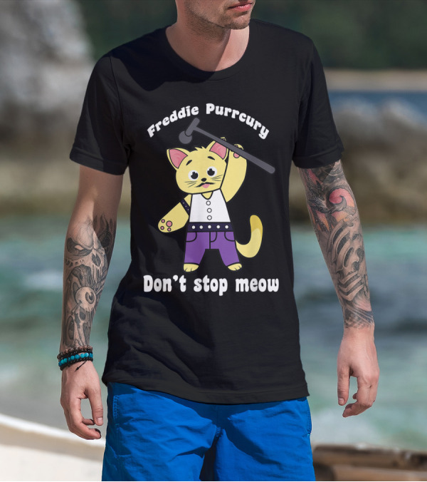 Freddie Purrcury Don't Stop Meow Funny Cat Holding Microphone In White Vest And Purple Pants T-Shirt