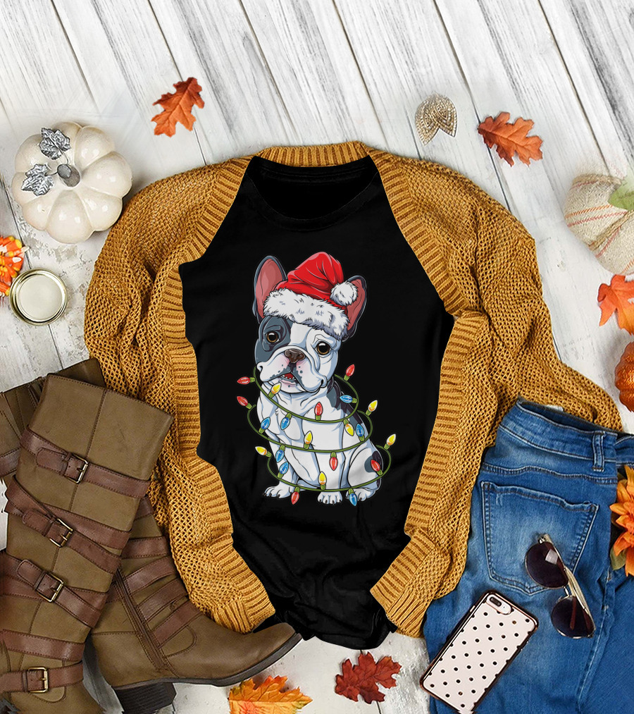 French Bulldog Santa Wrapped in Christmas Tree Lights T-Shirt