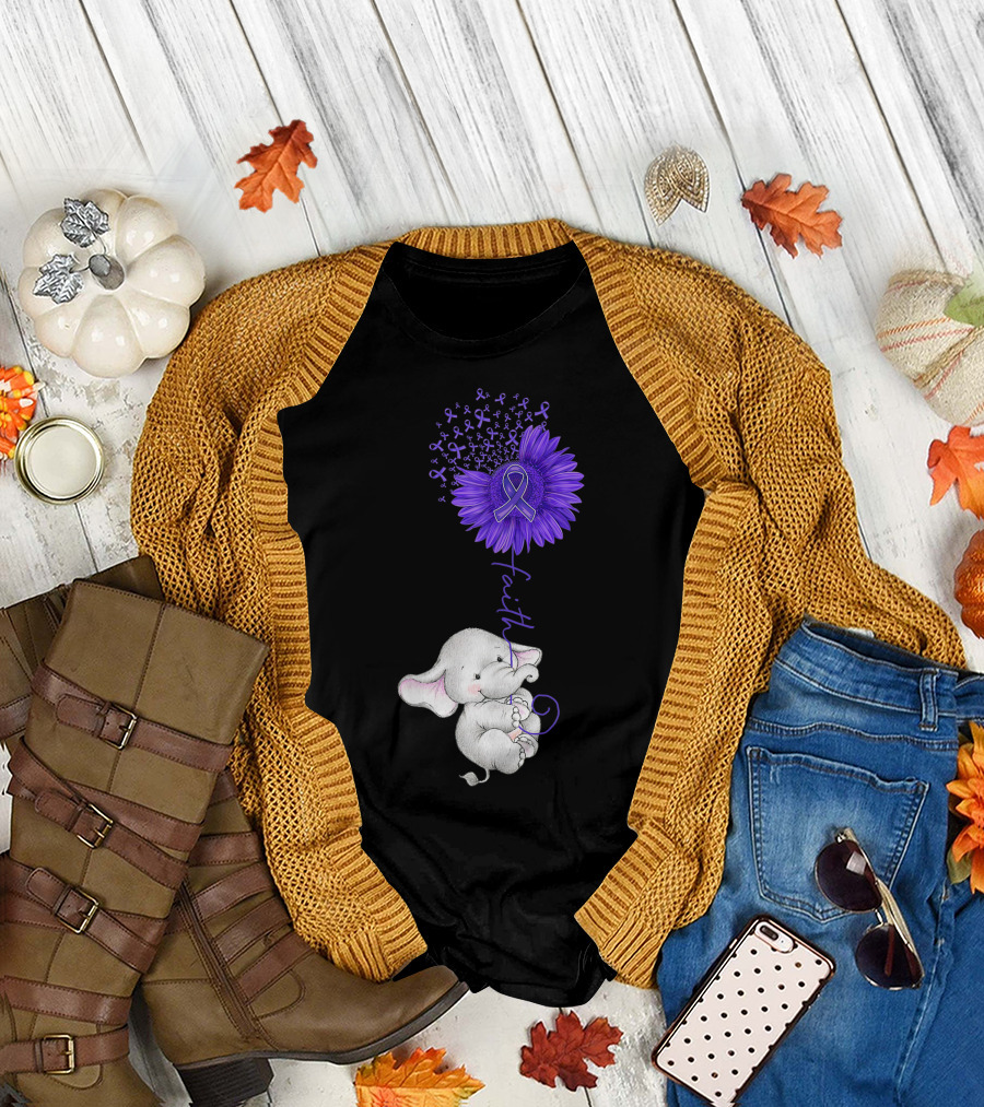 Faith Purple Ribbon Daisy Elephant for Stomach Cancer Awareness T-Shirt