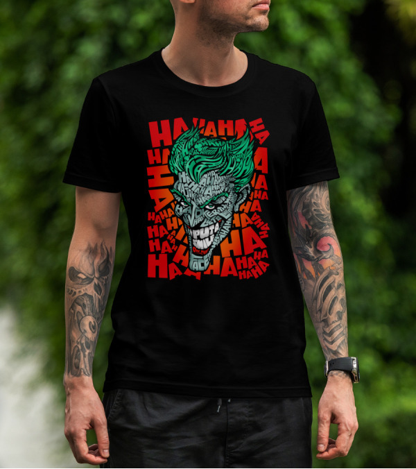 DC Comics Joker Haha Text Fill Green Hair Face Iconic Laugh Background T-Shirt