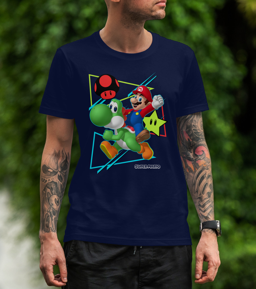 Super Mario Yoshi Adventure With Red Mushroom And Star T-Shirt