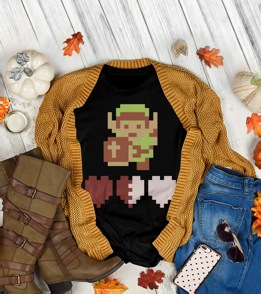 The Legend of Zelda Link Pixel Art with Heart Containers T-Shirt