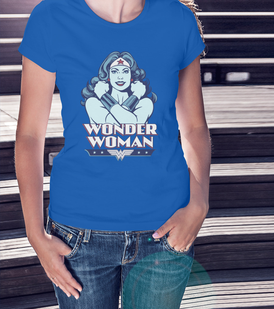 WONDER WOMAN Retro Blue Crossover Illustration With Star Headband And Arm Bracelets T-Shirt