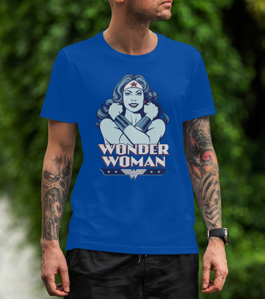 WONDER WOMAN Retro Blue Crossover Illustration With Star Headband And Arm Bracelets T-Shirt