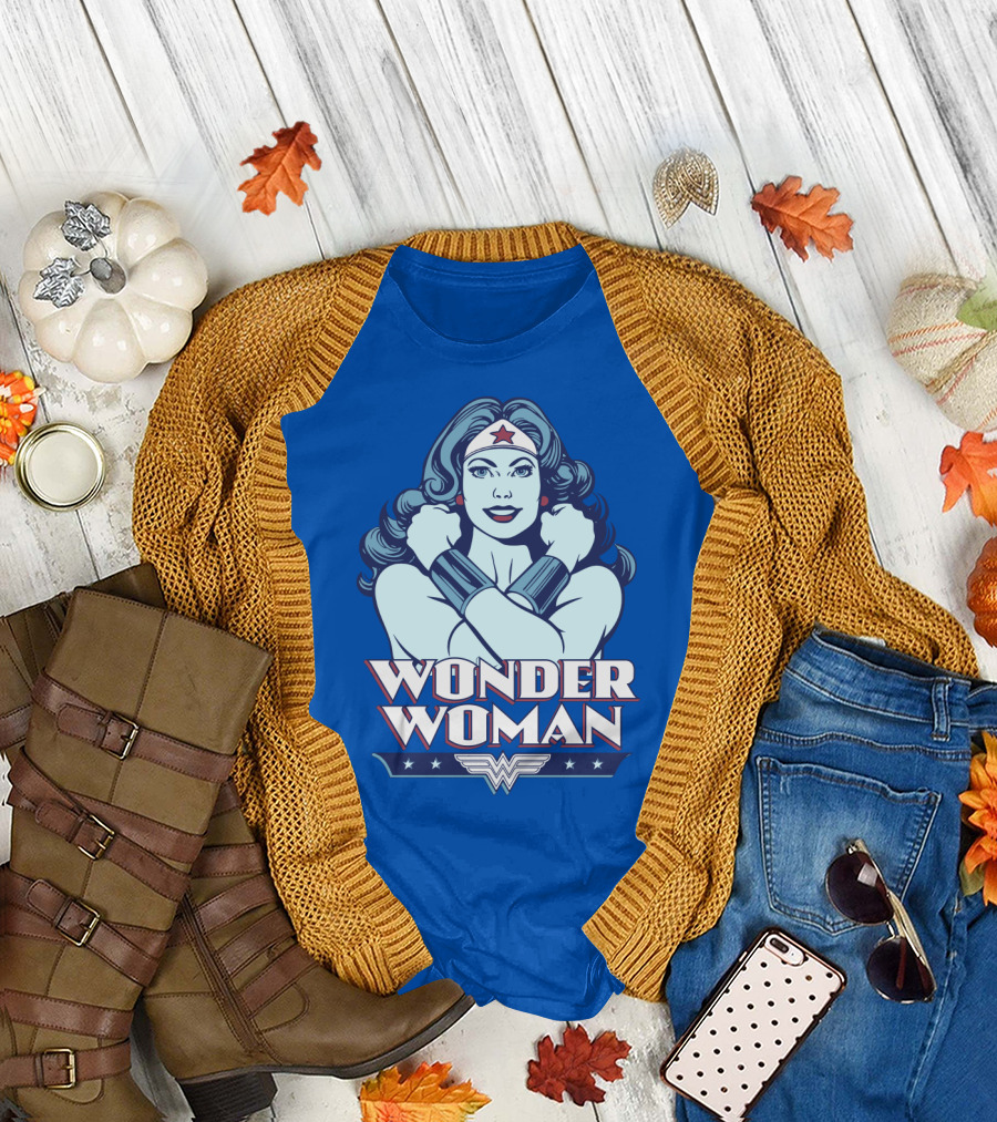 WONDER WOMAN Retro Blue Crossover Illustration with Star Headband and Arm Bracelets T-Shirt