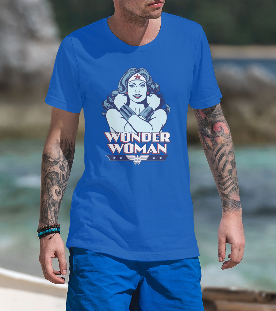 WONDER WOMAN Retro Blue Crossover Illustration With Star Headband And Arm Bracelets T-Shirt