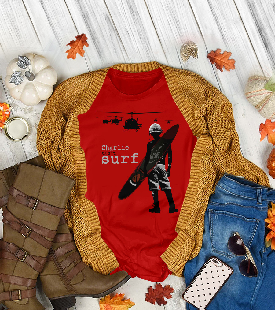 Charlie Don't Surf Helicopters and Soldier with Surfboard T-Shirt