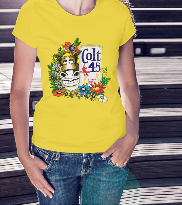 Colt 45 Malt Liquor With Cartoon Horse And Colorful Floral Background T-Shirt