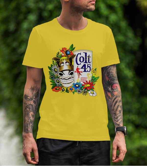 Colt 45 Malt Liquor With Cartoon Horse And Colorful Floral Background T-Shirt