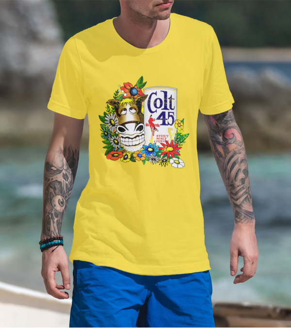 Colt 45 Malt Liquor With Cartoon Horse And Colorful Floral Background T-Shirt