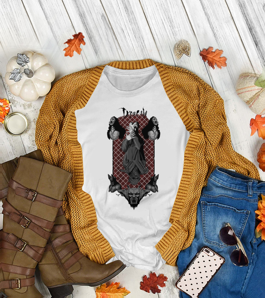 Dracula Gothic Vampires with Gothic Skull and Bats T-Shirt