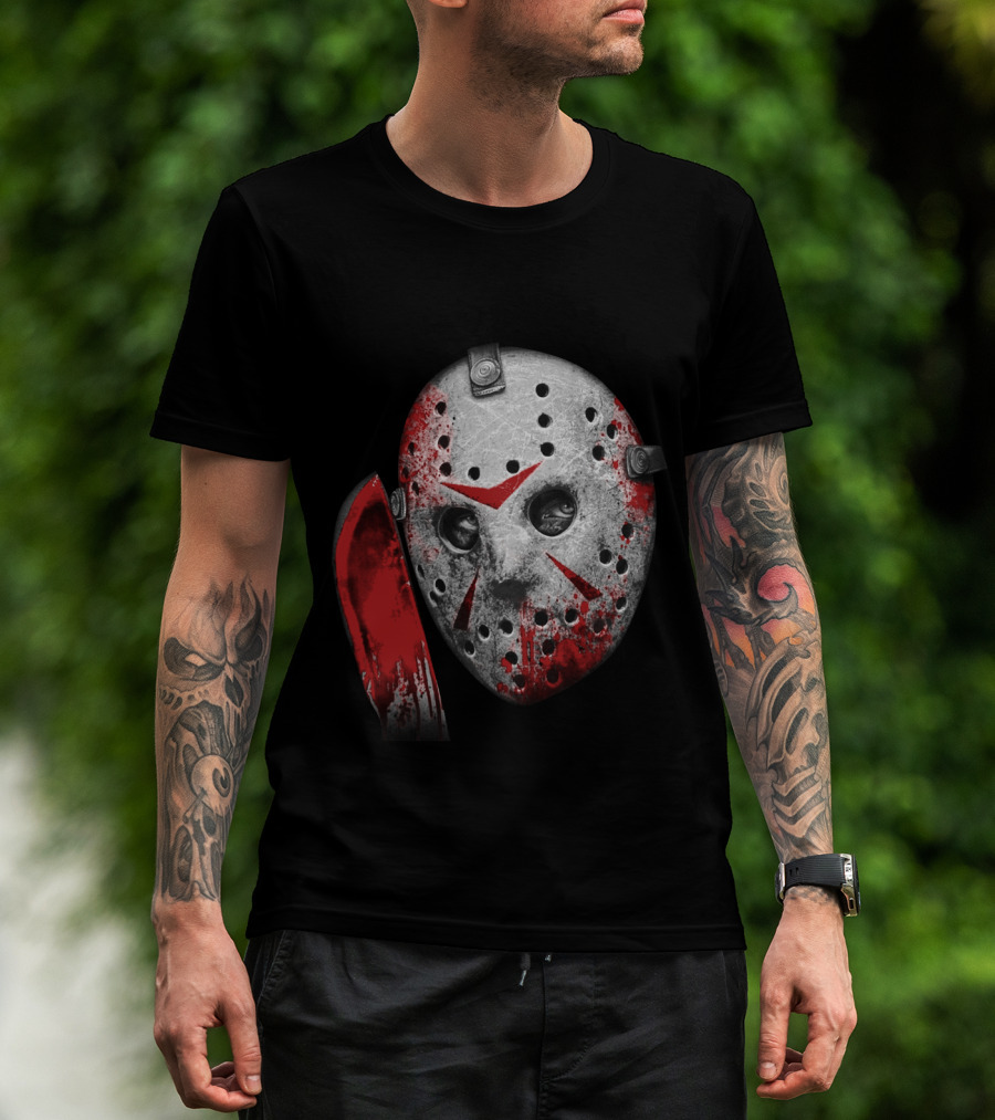 Friday The 13th Movie Jason Voorhees Mask With Bloody Machete Face T-Shirt