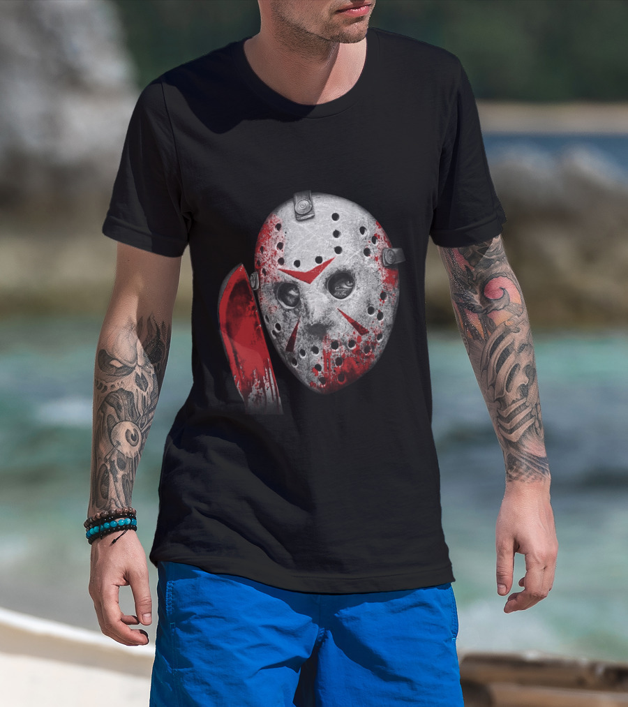 Friday The 13th Movie Jason Voorhees Mask With Bloody Machete Face T-Shirt