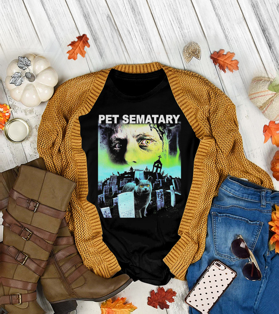 PET SEMATARY 1989 Horror Poster with Glowing Eyes and Cemetery Cat T-Shirt
