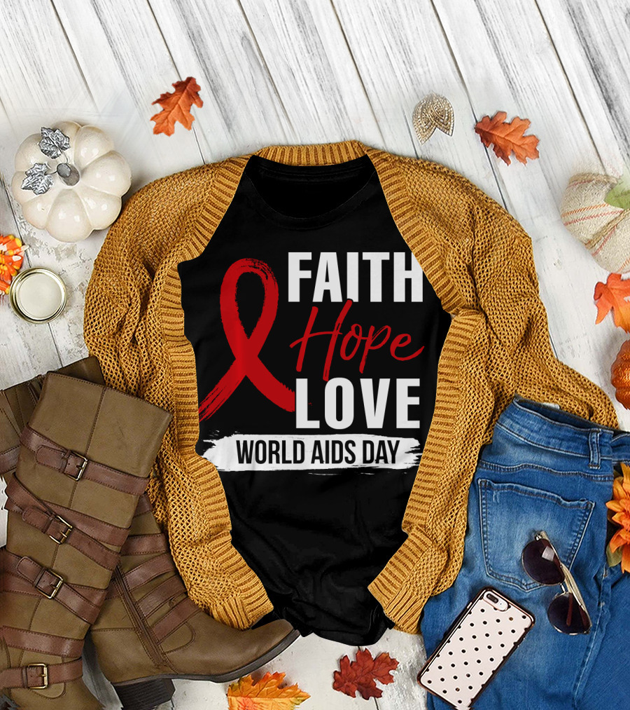 Faith Hope Love Red Ribbon World AIDS Day HIV Awareness T-Shirt