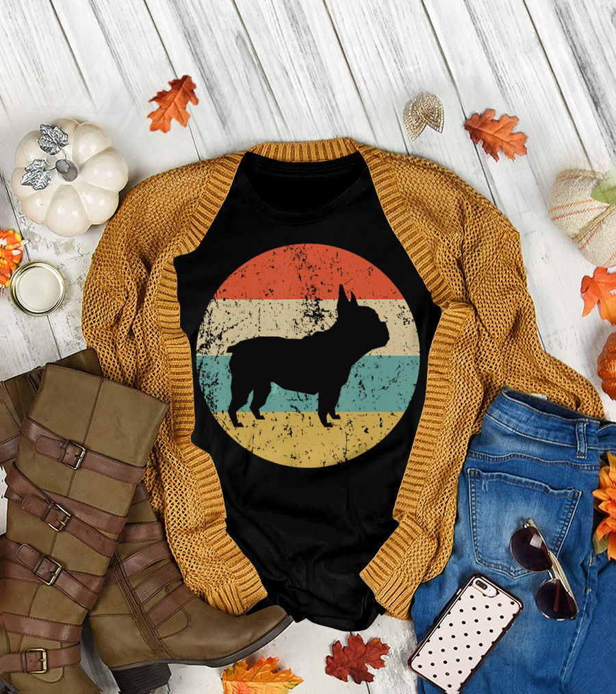 French Bulldog Vintage Silhouette Retro Rainbow Stripes T-Shirt