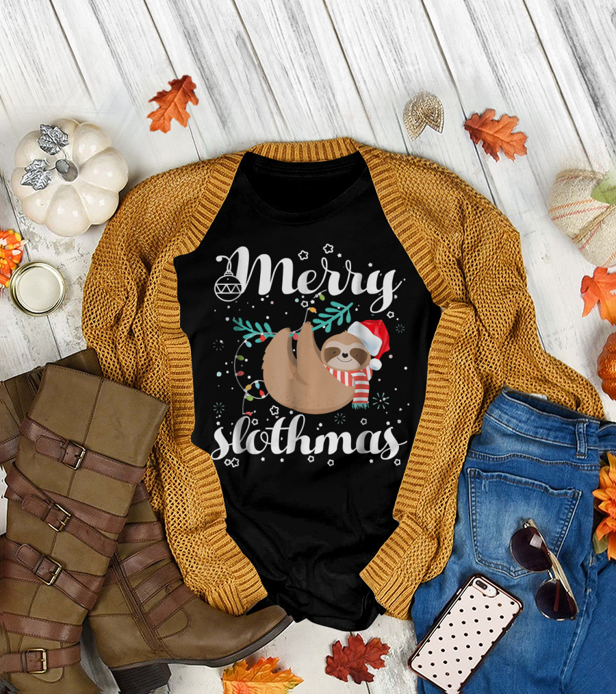 Merry Slothmas Christmas Pajama with Santa Hat and Holiday Lights T-Shirt