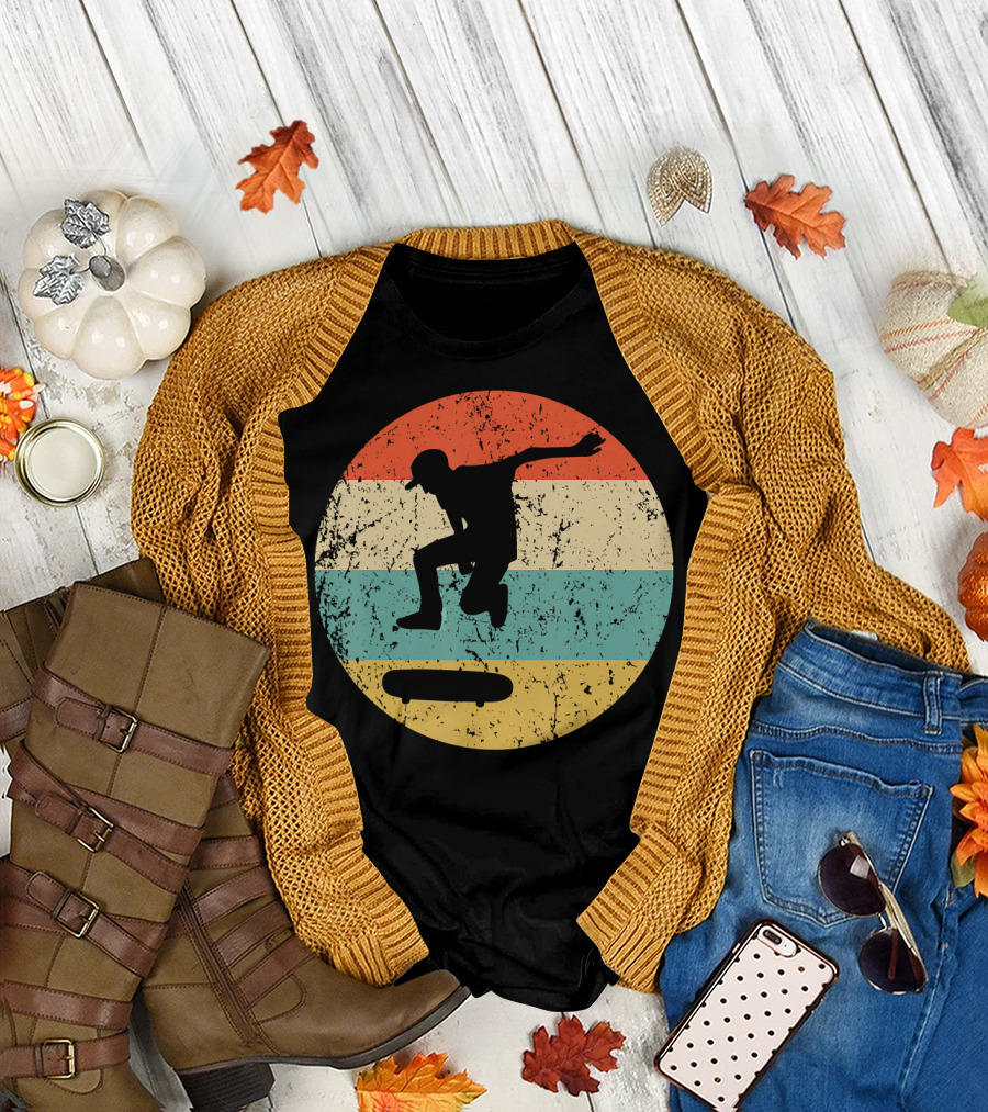 Skateboarding Silhouette on Vintage Striped Circle Background T-Shirt
