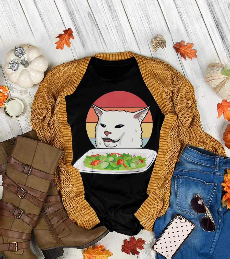 Confused Cat at Dinner with Vintage Sunset Background T-Shirt